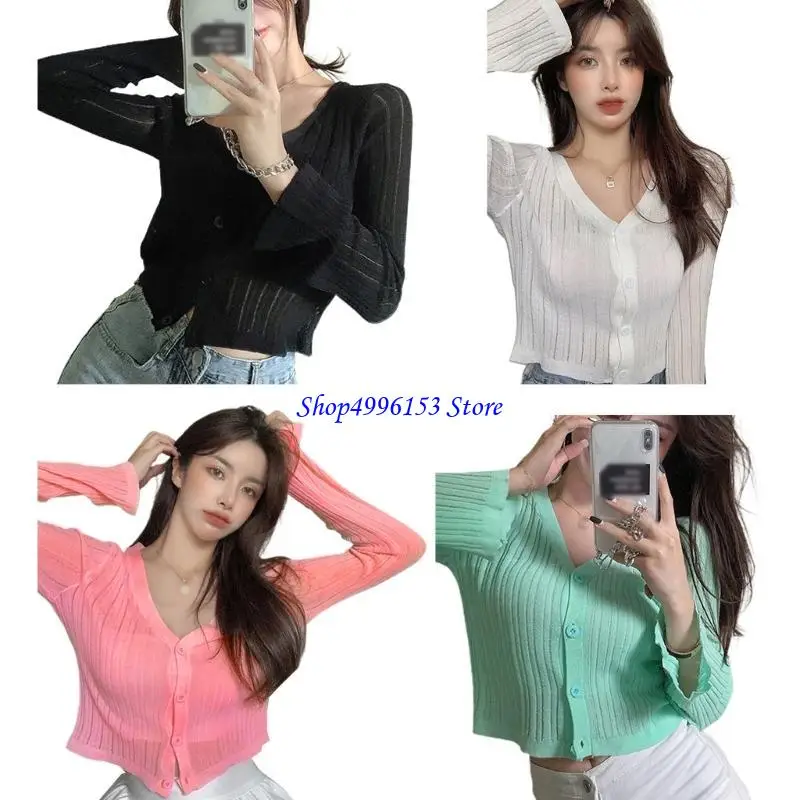 

Q0KE женский вязаный укороченный топ с длинными рукавами в рубчик, сексуальный кардиган с v-образным вырезом на пуговицах, для