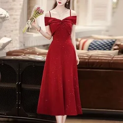 French Style Autumn and Winter Hepburn Waist Dress Red Suspender Middle Length Dress Engagement Anniversary Dress