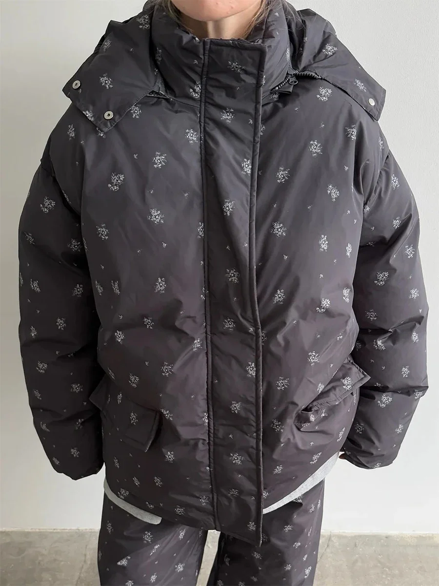 Wolfeel 2026 Winter New Flower Bread Cotton Jacket Warm and Fashionable Drawstring Design Loose Medium Length Fashion Jacket