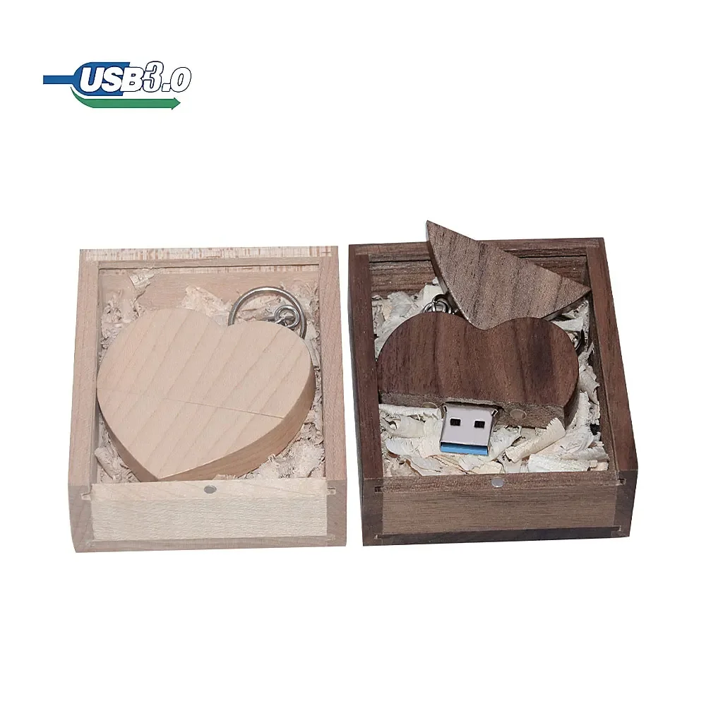 

64GB Wooden Heart Shape Usb3.0 + Packing Box USB Flash Drive Pendrive 8GB 16GB 32GB Photography Gift 128GB