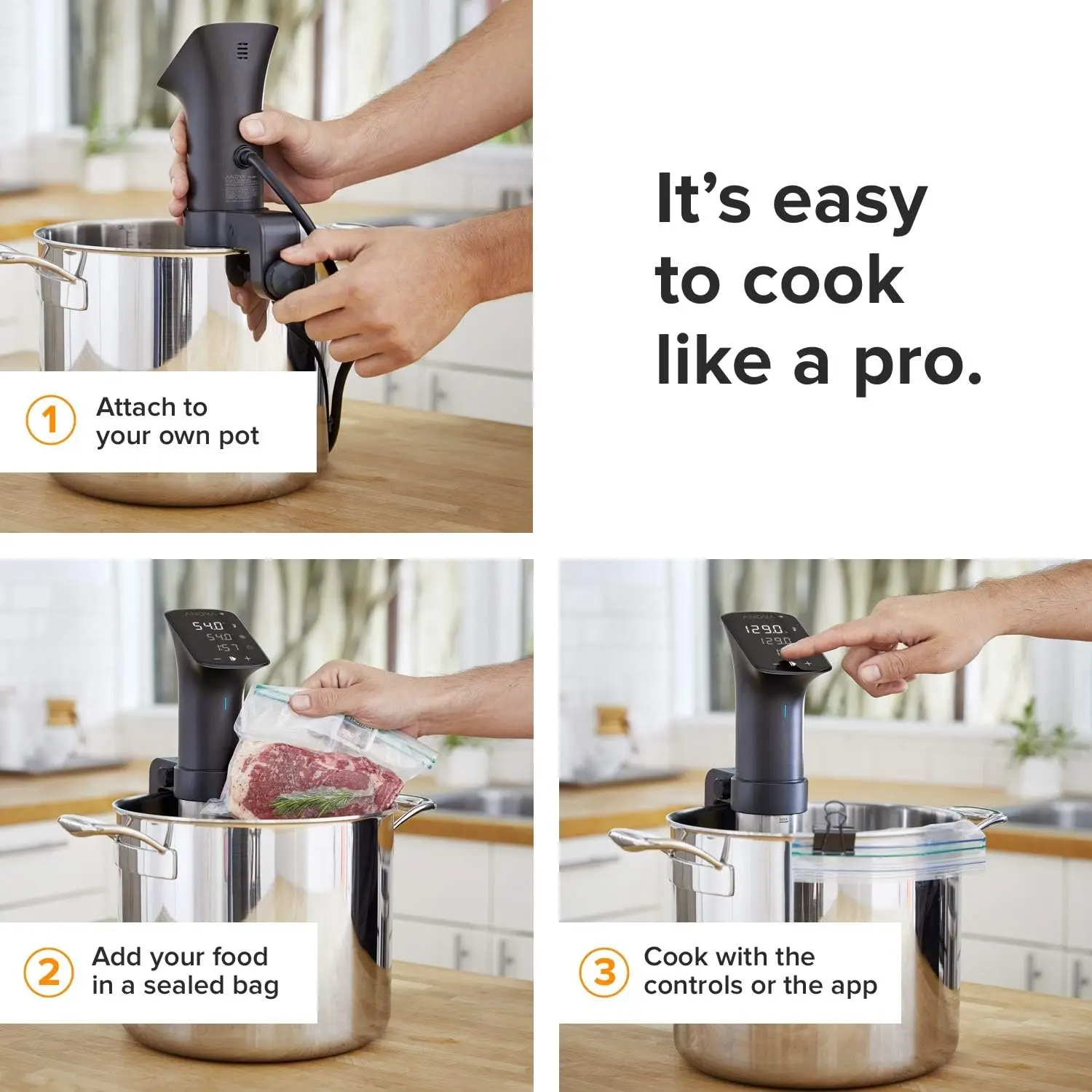 Sous Vide Precision Cooker Pro, 1200 Watts, Black and Silver