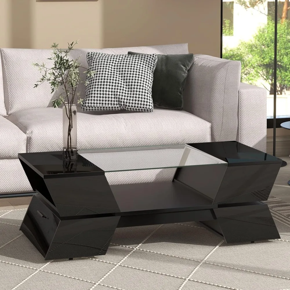 

6mm Glass-Top Coffee Table with Open Shelves and Cabinets, Geometric Style Cocktail Table