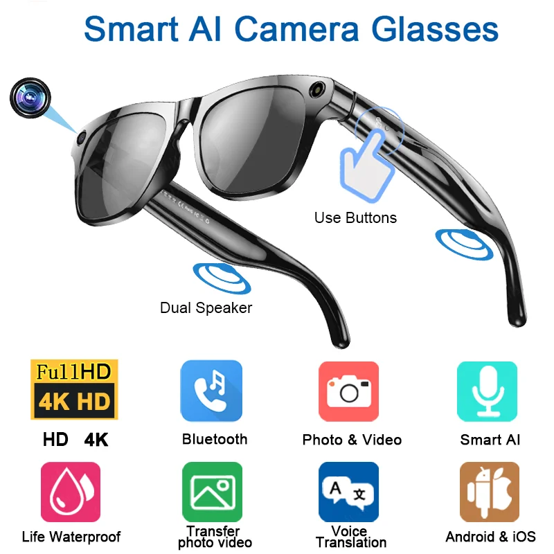 8K HD AI slimme bril 800 W Pixel multifunctionele camera Bluetooth-oproep Spraakassistent Muziekspeler Slimme vertaling ﻿