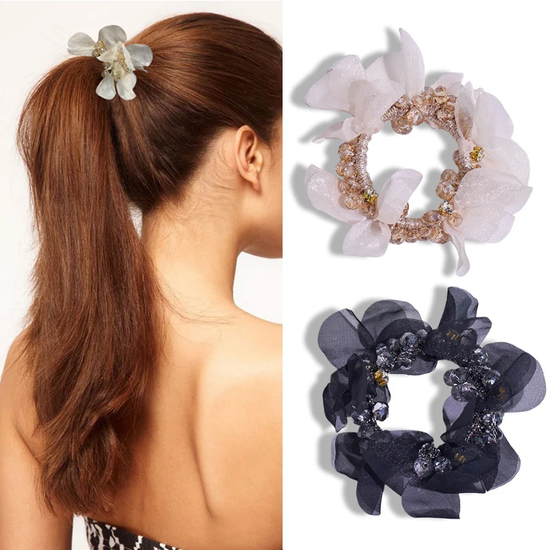 High End Imitation Pearl Lace Crystal Elastic Hair Ties Elegant Ponytail Bun Rubber Band Hair Accessories for Women