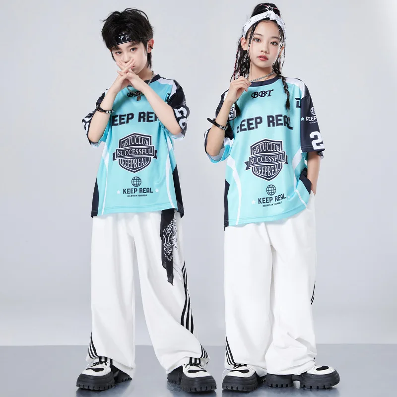 Girls Street Dance Letter Print T-shirt Loose Pants Boys Hip Hop Clothes Set Kids Cool Jazz Denim Pants Outfits Teens Streetwear