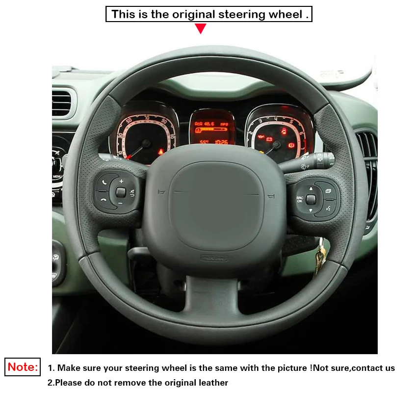 Black Faux Leather Hand-stitched Car Steering Wheel Cover For Fiat Panda 2011-2024