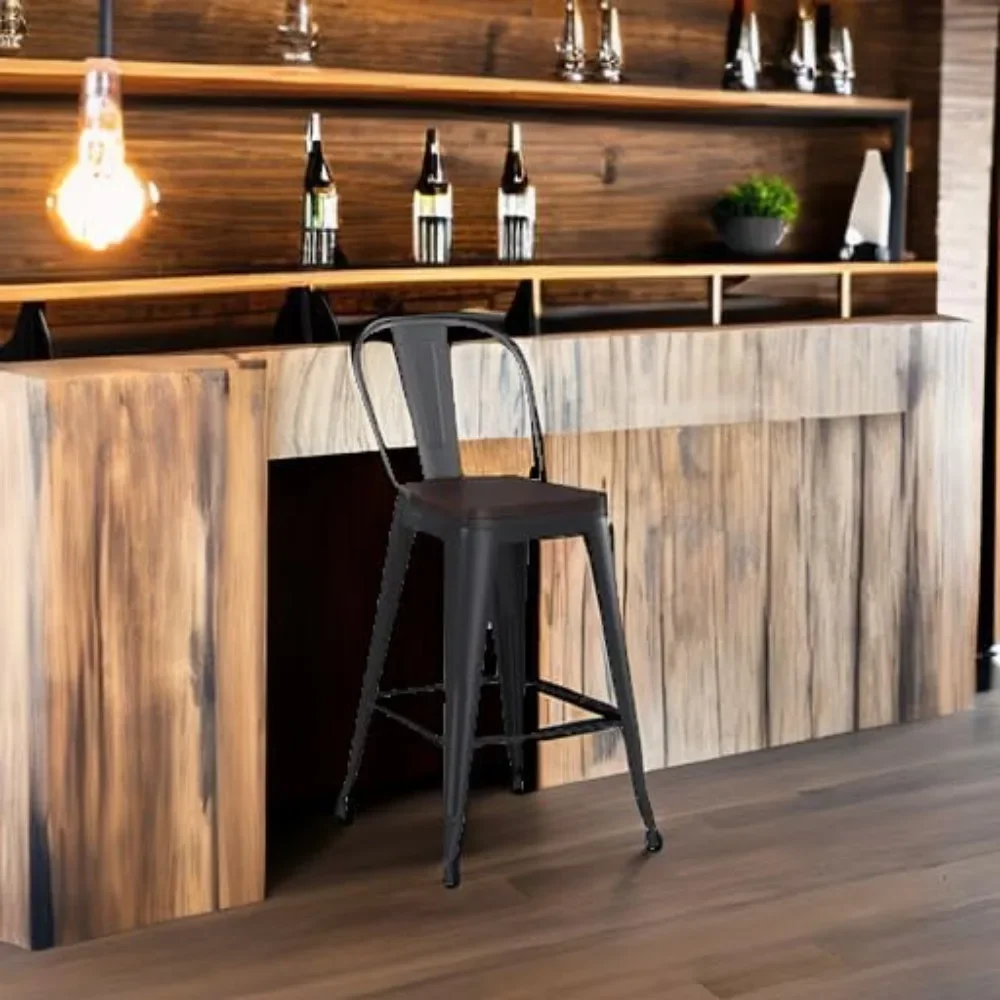 Set of 4 Farmhouse Bar Stools with High Back, 26-Inch Matte Black Metal Stools for Comfortable Kitchen Seating.