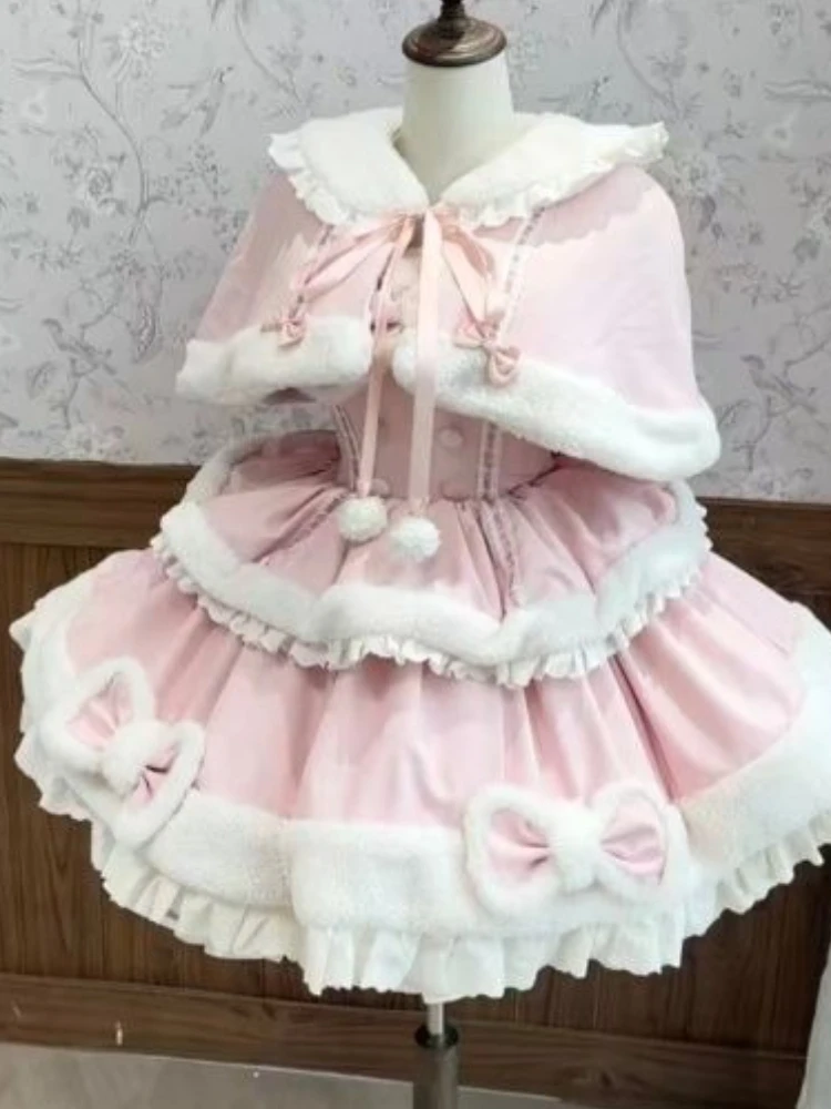 Fashion Women’s Design Pink Lolita Set Bowknot Hoodie Ruffle Skirt Lovable Sweetheart Dress Elegant Kawaii Sweet Winter Outfit