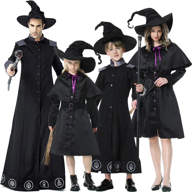 Gothic Boys Black Wizard Cosplay Kids Children Halloween Magician Robe Costumes Carnival Purim Parade Stage Showing Party Dress