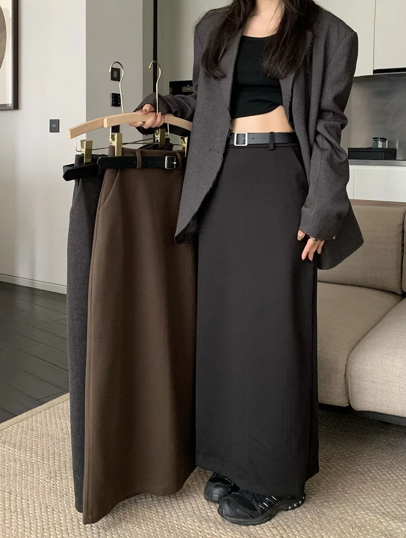 High Quality Woolen Maxi Skirts Female Elegant Chic High Waist Loose A-Line Skirts Women Vintage Streetwear Split Long Skirt