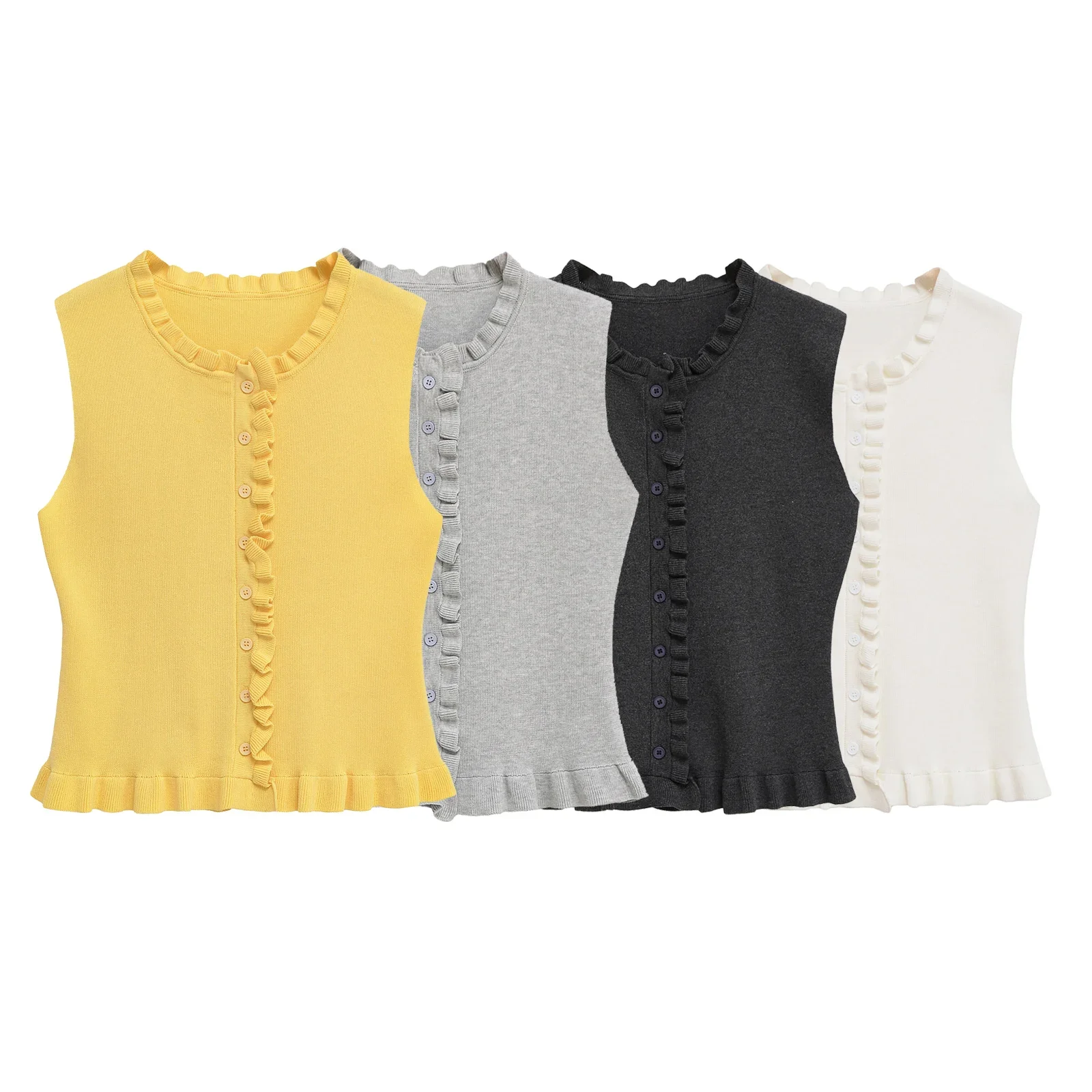 

Женский элегантный повседневный весенний жилет, однотонный вязаный свитер без рукавов с рюшами на пуговицах, одежда 5584314