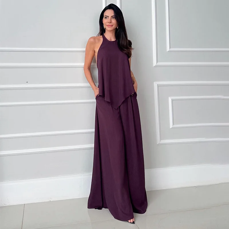 

2026 New Womens Fashion Elegant Solid Color Sleeveless Halter Open Back Top Pocket Straight Leg Pants Set