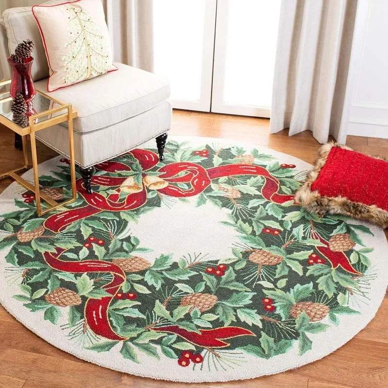 Christmas Round Carpet Retro Printed Crystal Velvet Soft Non-slip Living Room Carpet Christmas Pine Cone Rattan Wreath Carpet