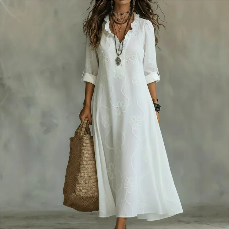 

Fashion Elegance Long Dress woemn 2026 Spring Summer Lace Embroidery Ruffled V-neck Solid Color High Waist A-line Skirt Vacation
