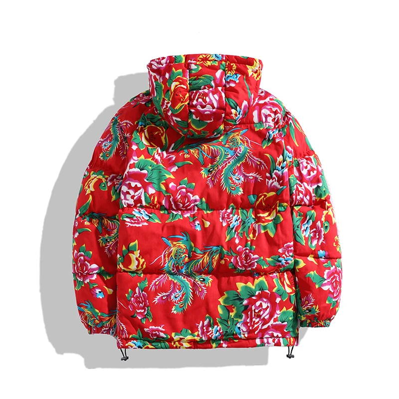 Winter Hooded Warm Jackets Men Floral Chinese Style Cotton Padded Thick Outwear Mens Zipper Casual Hooded Parkas Plus Size