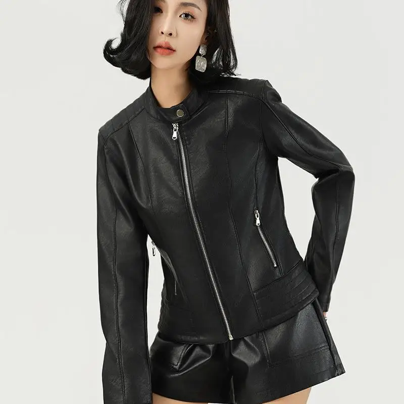جاكيت جلد نسائي أنيق بتصميم دراجة نارية، طويل الأكمام، مناسب للتنقل اليومي، معطف خارجي للخريف والشتاء