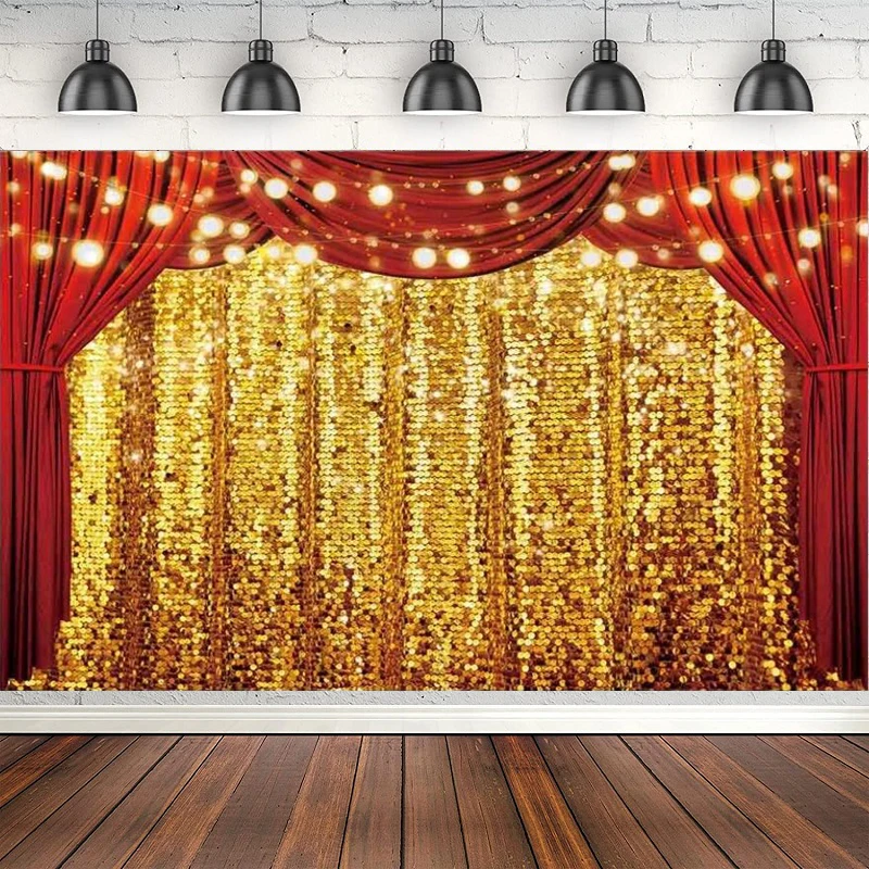 Golden Glitter Red Curtain Photography Backdrop Circus Wedding Birthday Awards Ceremony Background Baby Shower Party Decor