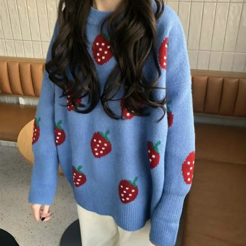 Sweaters Women Kawaii Strawberry Printed Girls Knitted High Quality Warm Thick Soft Sweet  Pullover All-match Loose 2XL HOT