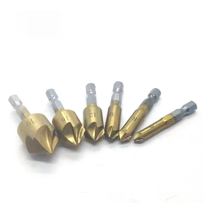 6PC Hexagonal Handle Titanium Plated Five Edge Chamfering Knife Countersunk Drill 6-19mm Woodworking Spot Facer Tool Set