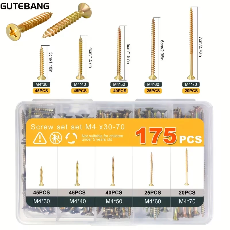 M4, 175-piece set of durable galvanized Phillips-head wood screws, self-tapping, pointed tip design, suitable for wood