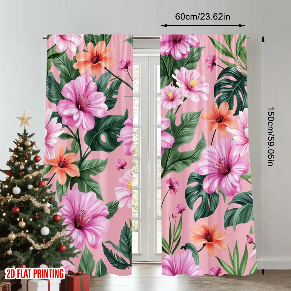 2pcs 2D flat printing Window Drapes Tropical Hibiscus Palm Leaves Digital Printed Polyester Drapes Birthday Party for Bedroom