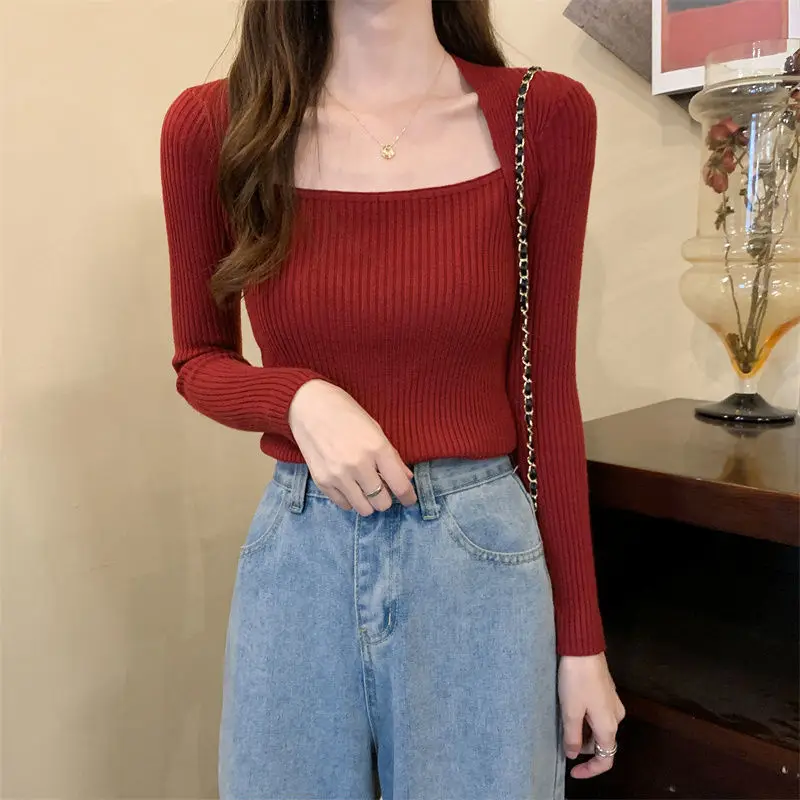 Square Collar Base Shirt Slim Fit Temperament Pure Desire Style Versatile Long Sleeved Inner Top Knitted Sweater for Women