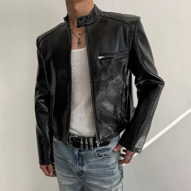 Europe American Slim Fit Autumn Motorcycle Jacket Men's Youth Stand Collar Short PU Leather Coats Korean Zipper Cool Outwear