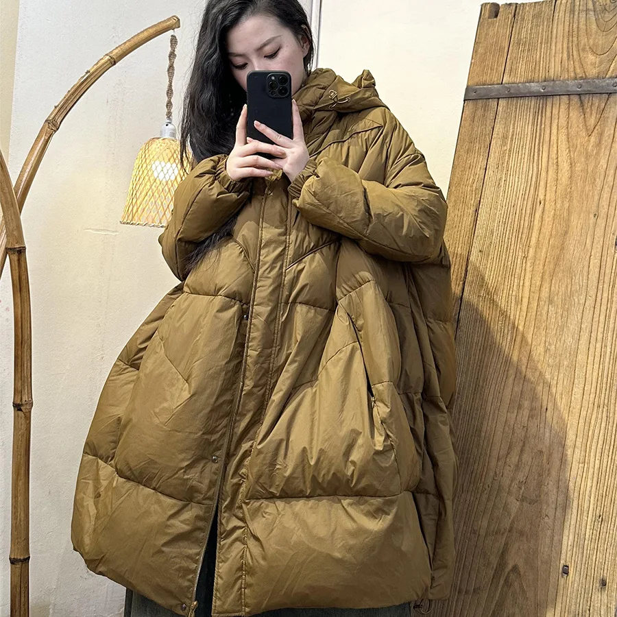 

Fashion Hooded Parker Down Jacket for Women Loose Oversized Thick Warm Pockets Puffer Coat Lady Long Feathers Outwear