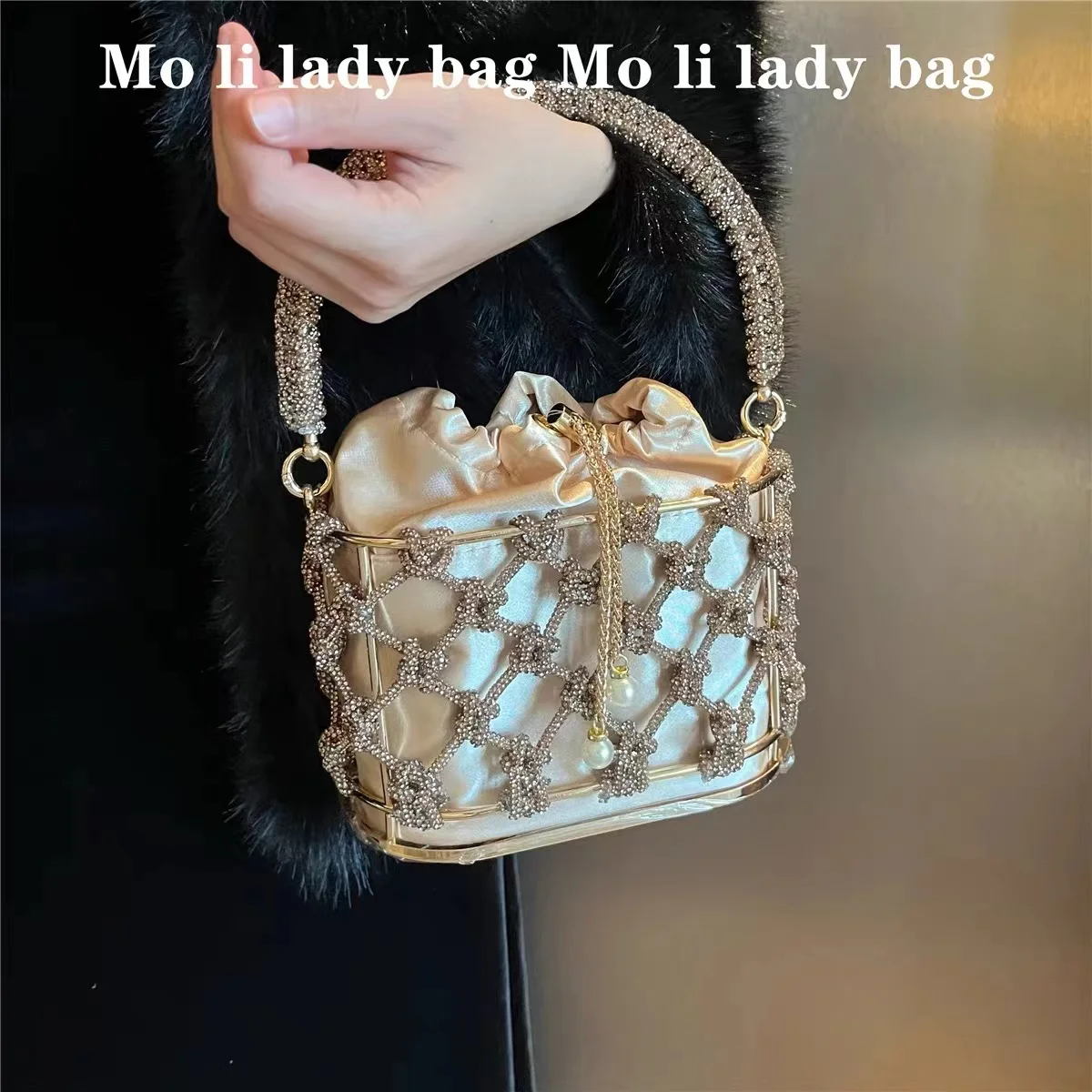 Gabbia di metallo di lusso scava fuori borsa da donna fatta a mano Glitter diamanti lucidi borsa da sera borsa a tracolla con pochette per feste di