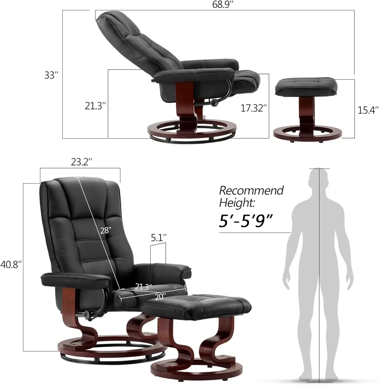 Swivel Recliner with Ottoman Multi-Position Leisure Office Chair with Adjustable Back, Faux Leather Ergonomic Lounge Chairs