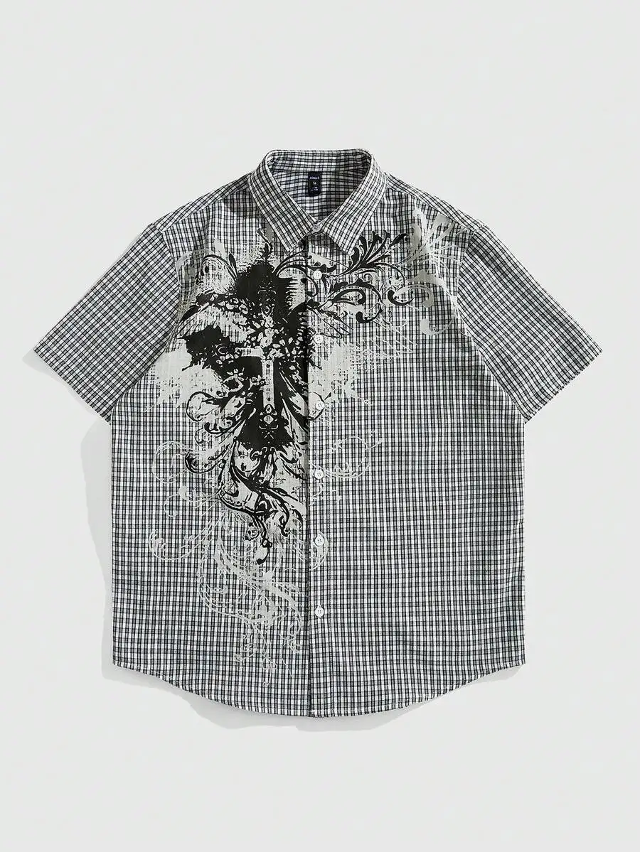 

Men's Short Sleeve Plaid Shirt with Graphic Print, Casual Turn-Down Collar Design