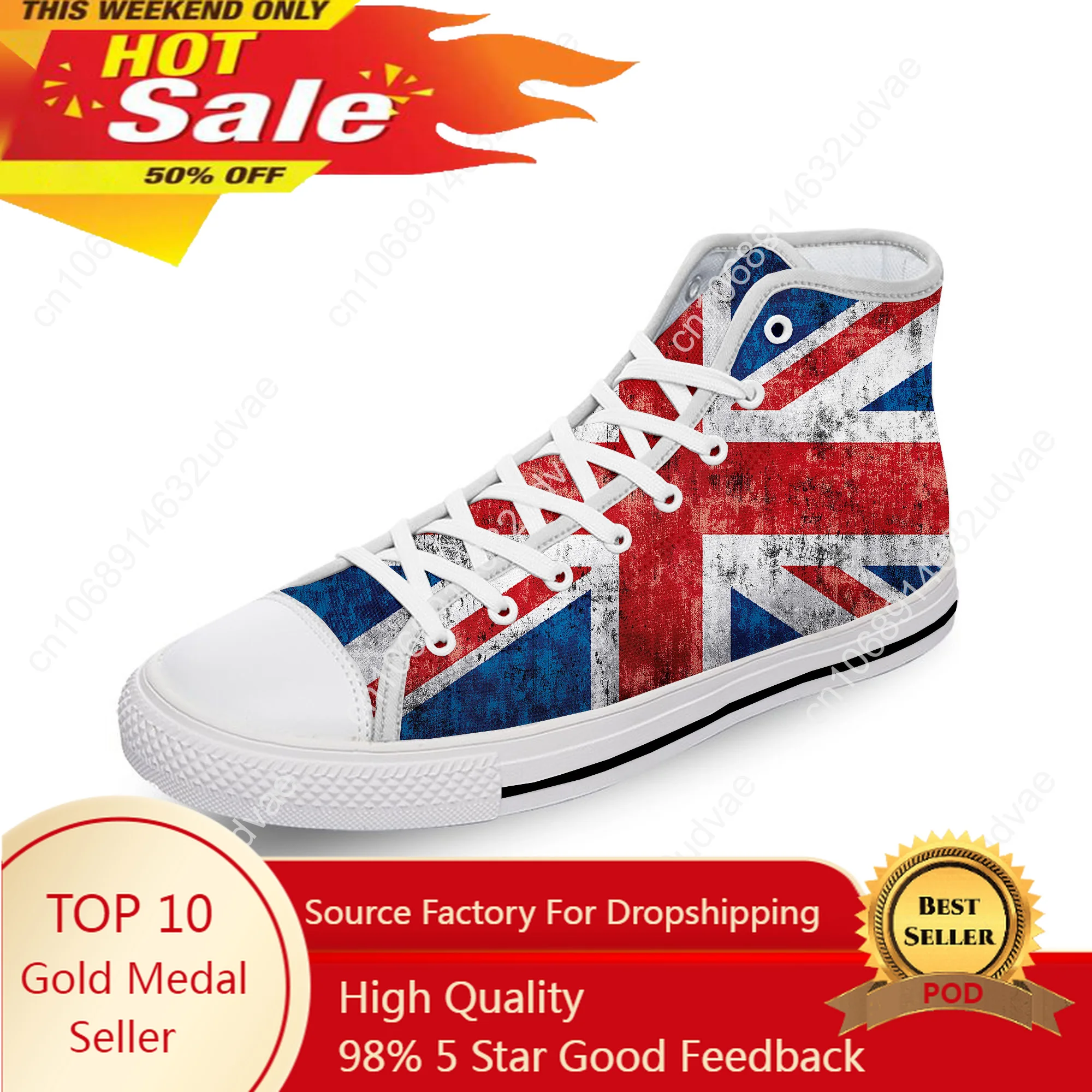 

Britain British UK Flag Union Jack White Cloth Fashion 3D Print High Top Canvas Shoes Men Women Lightweight Breathable Sneakers