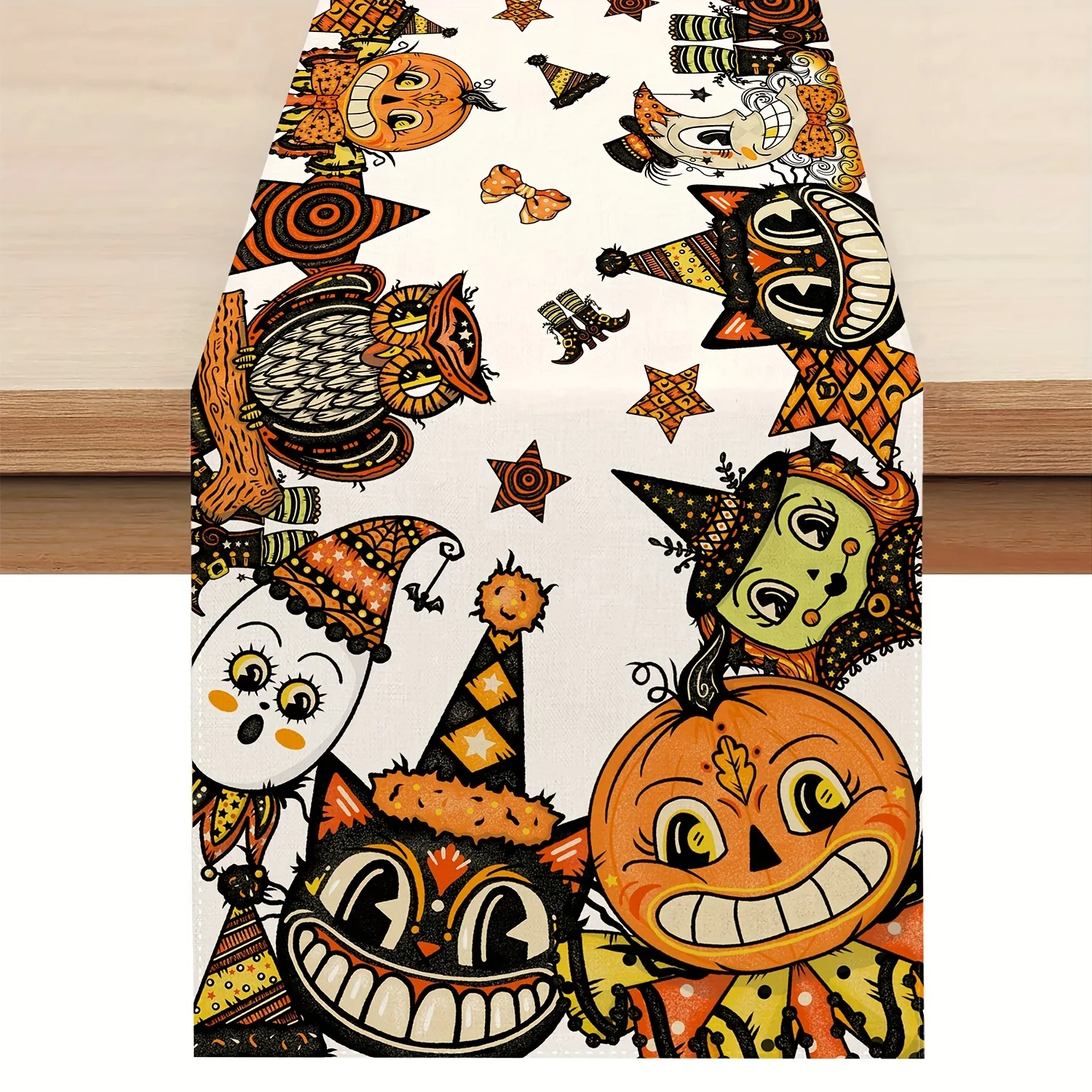 

1 Halloween Themed Table Runner, Fantasy Patterns for Decorative Pumpkin, Ghost, Owl and Other, Suitable for Parties, Restaurants, Home Furnishings, Decoration Scenes.