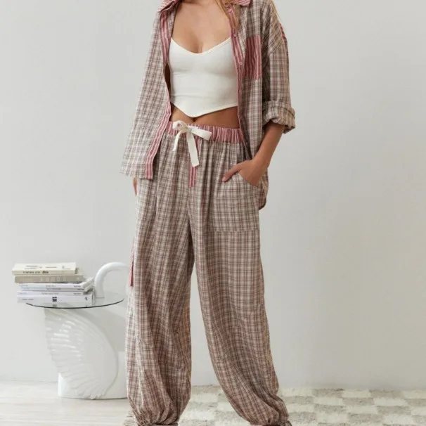 

Retro Women's Shirt Two-piece Set 2025 Spring Autumn Women's Casual Home Clothes Plaid Shirt Wide-leg Pants Sleeping Women Suit