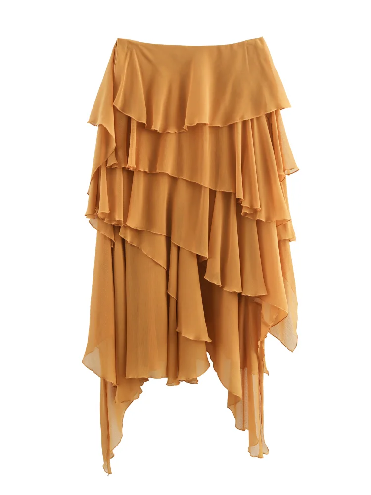 

Новинка 2024 года, асимметричная длинная юбка с каскадными оборками, женская шикарная юбка с высокой талией на бедрах, нерегулярные юбки, очаровательная женская уличная одежда