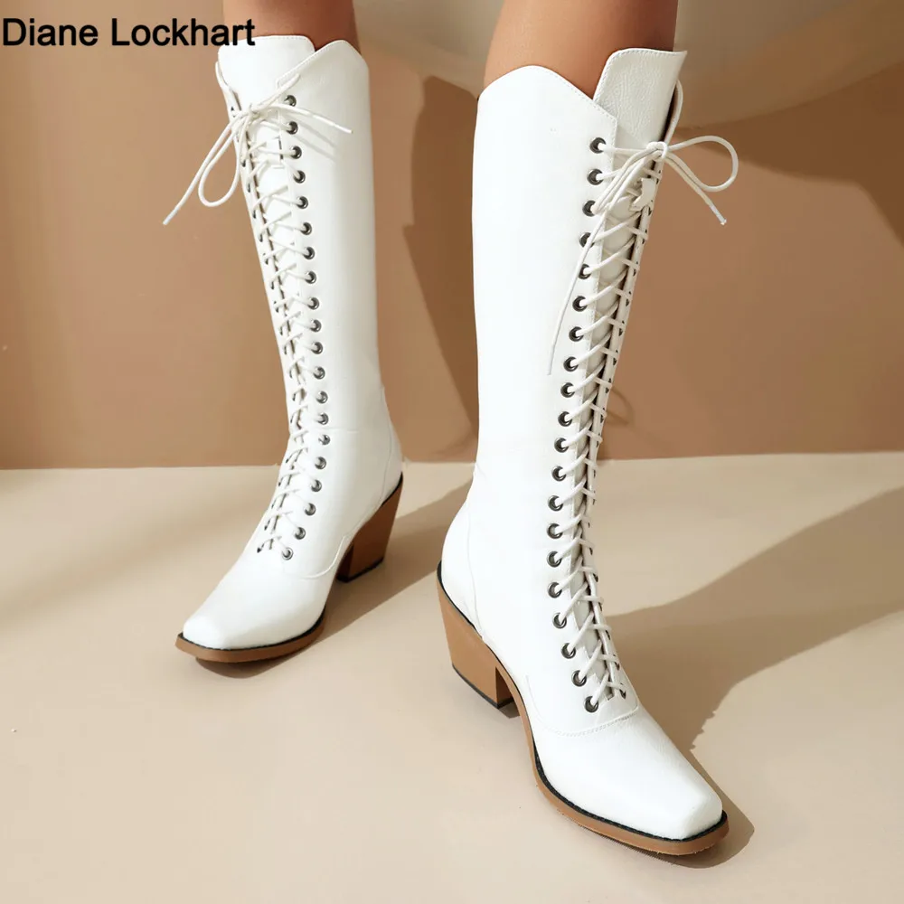 

Women Roman style Motorcycle Boots Pointed Toe Chunky Heel Riding Boots Shoes Female Lace Up Knee High Boots Black White 34-46