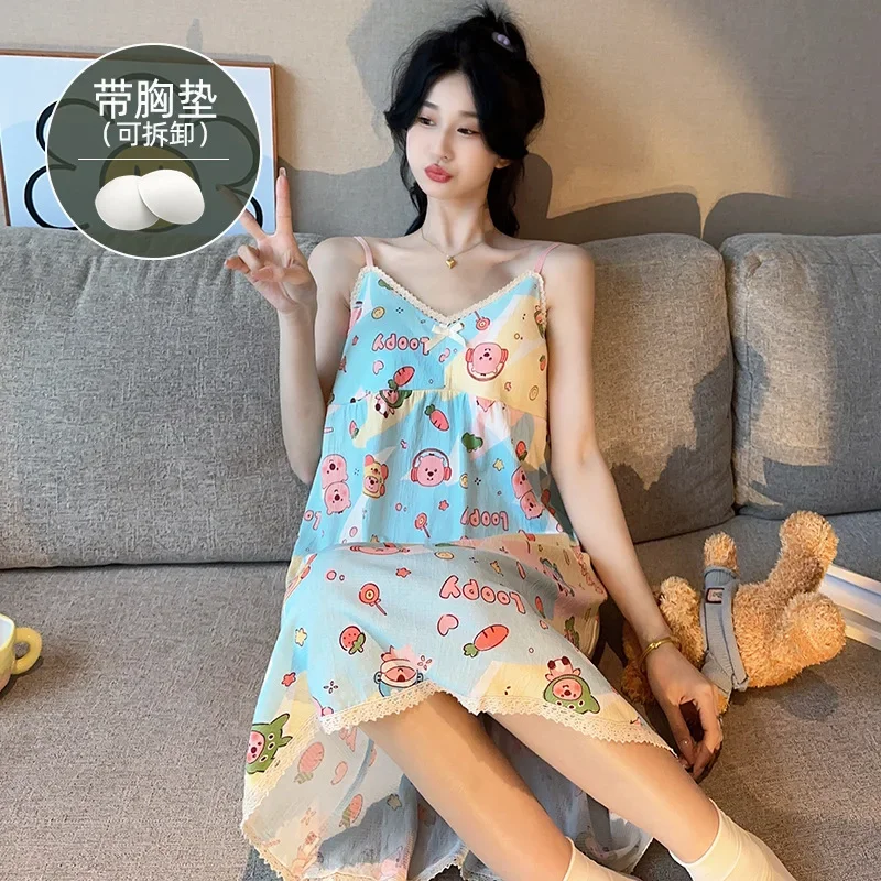 100kg Large Size Nightgown Women Cartoon Sweet Summer Pajama Dress with Chest Pad Thin Sexy Sling Nuisette Loose Home Clothes