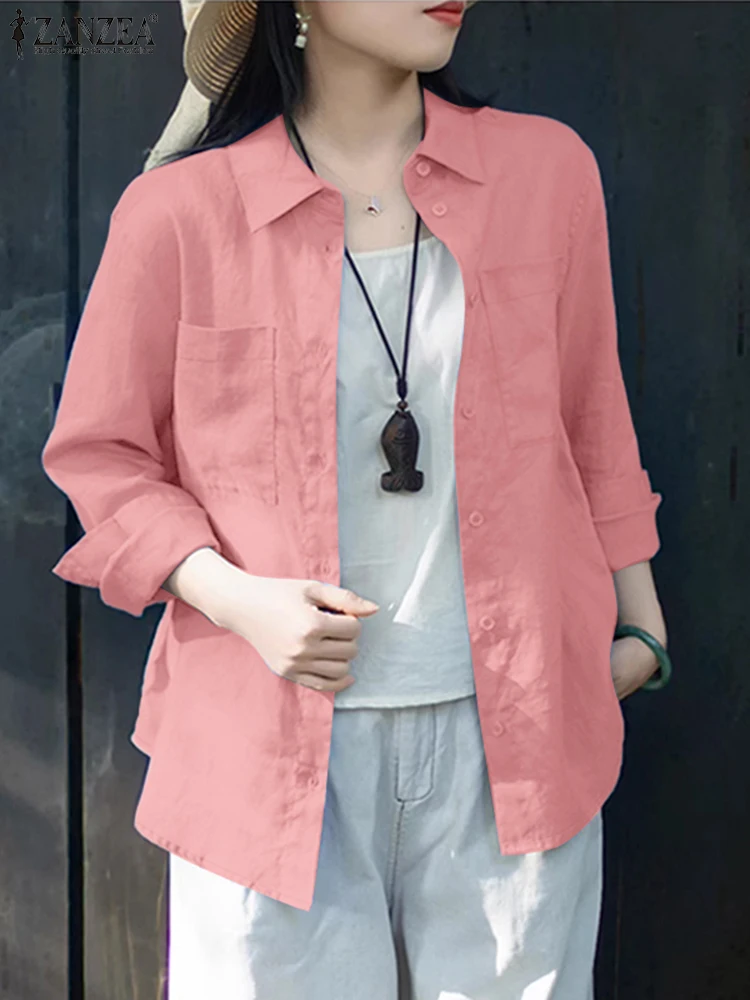 ZANZEA Dames Casual overhemden met kraag Street Fashion Lange mouwen Button Up Chemise Femme Oversized katoenen effen kleur Overshirts