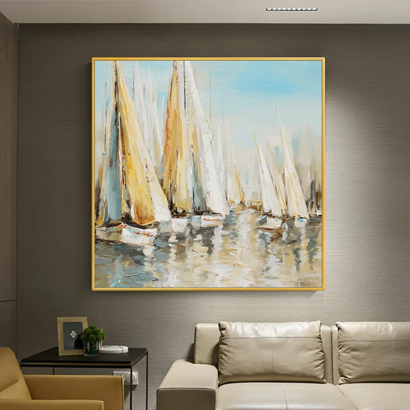 Modern Oil Painting On Canvas Hand Painted Abstract Painting Wall Art Colorful Sailing Boat On The Sea Artwork For Home Decor