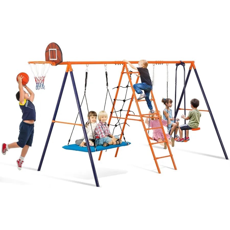 

Outdoor Metal Swing Set for Heavy-Duty Metal Playground Set with Swings Climbing Ladder Trapeze Bar Basketball Hoop 660lbs Max