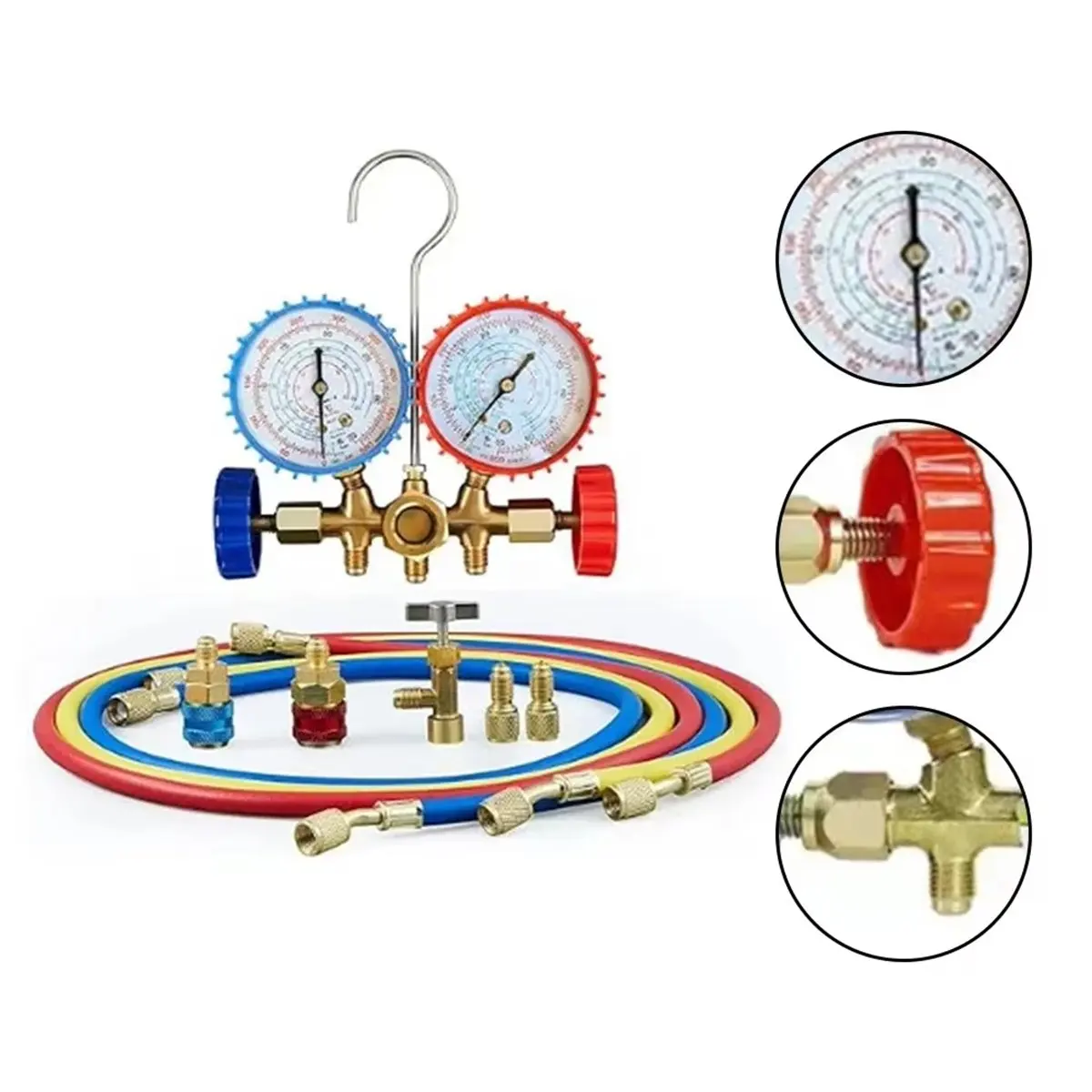 Conjunto Completo de Manômetro de Diagnóstico de Ar Condicionado ABUA R410a 3 Vias para R134A R410A R22 com Adaptadores de Mangueira, Engates Rápidos e Válvula de Saída de Cilindro