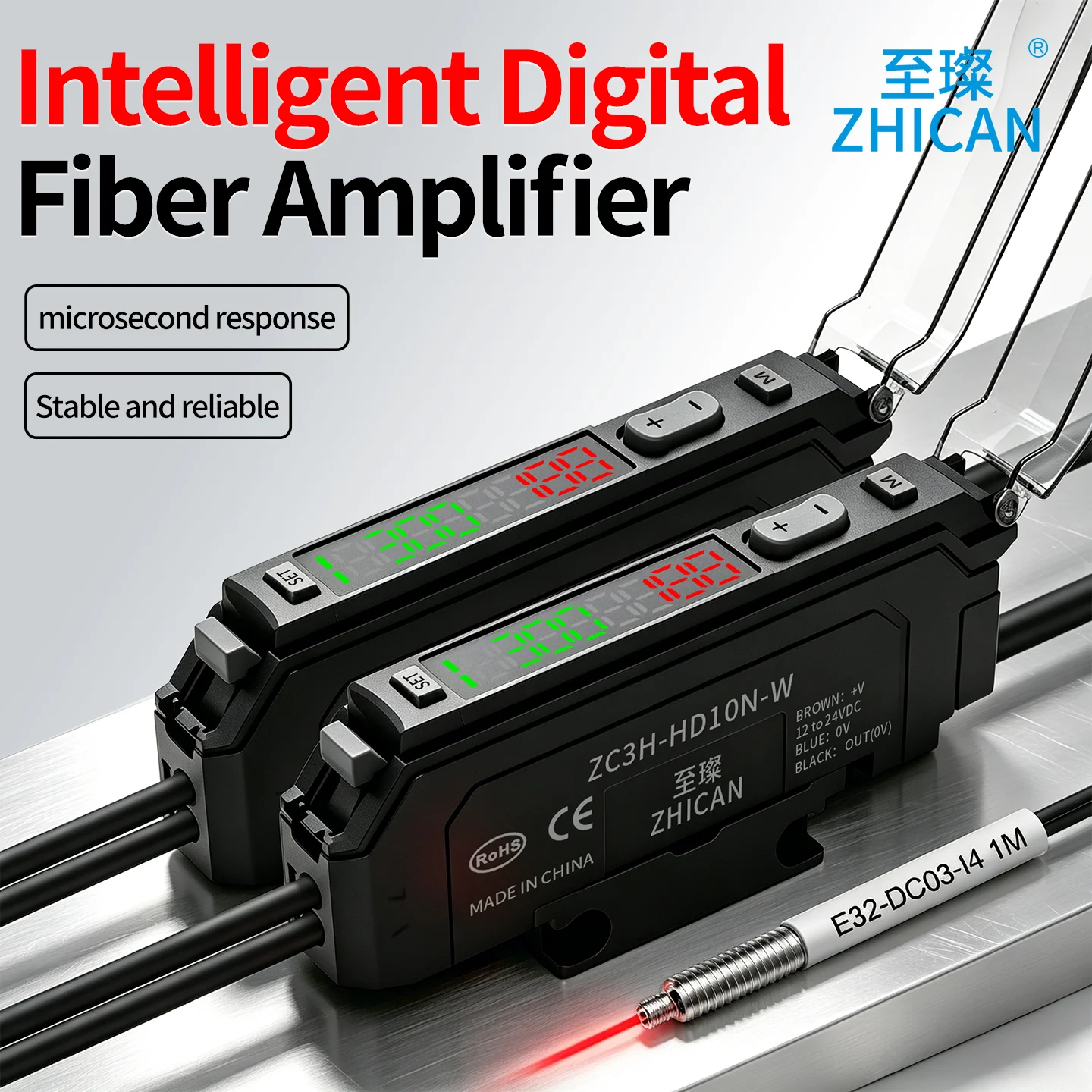ZHICAN ZC3H-HD11 HD10 NPN/PNP Digital Fiber Optic Amplifier Dual Display High Precision Through Beam Sensor