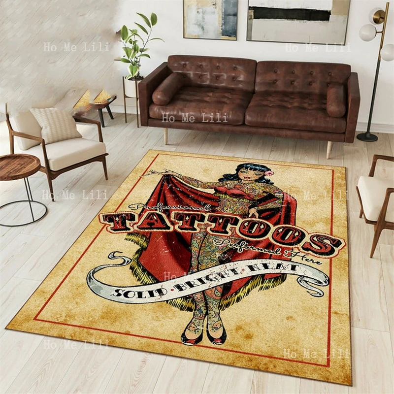 Professional Old School Tattoo Steel Girl Retro Pop Style Carpet Soft Flannel Floor Rugs For Living Room Bedroom Decor