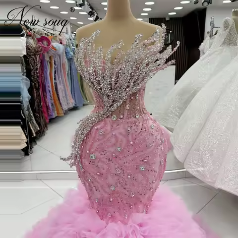 Arabic Pink Mermaid Celebrity Dresses Luxurious Tiered Skirt Wedding Party Dress Beaded Evening Dress Robes Du Soir Customized