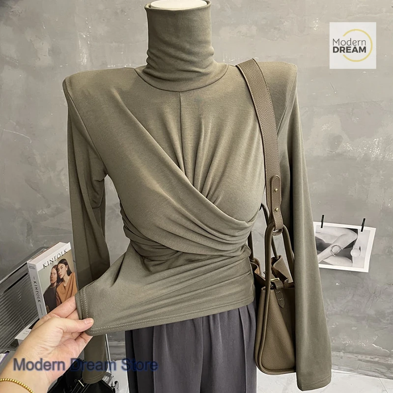 

French style solid color plus velvet turtleneck bottoming shirt women's kink top autumn and winter new slim long-sleeved T-shirt