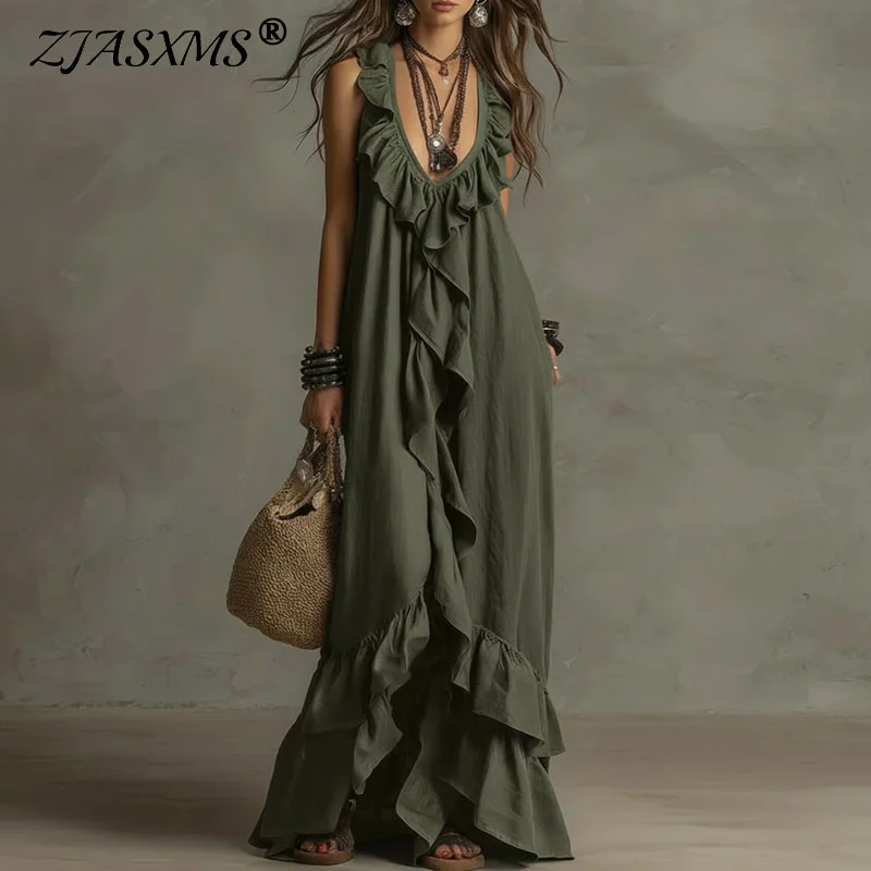 Damen Boho Rüschen Maxikleid mit unregelmäßigem Saum, Frühling, tiefer V-Ausschnitt, lockeres Partykleid, neues Sommer ärmelloses einfarbiges Strandkleid