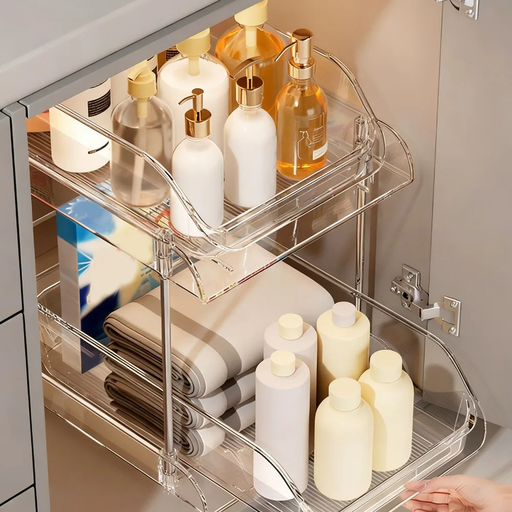 PET Under Sink Organizer 2 Tier Transparent Pull Out Storage Shelf Pull Out Design Multi Purpose CD Holder Stand Kitchen Storage
