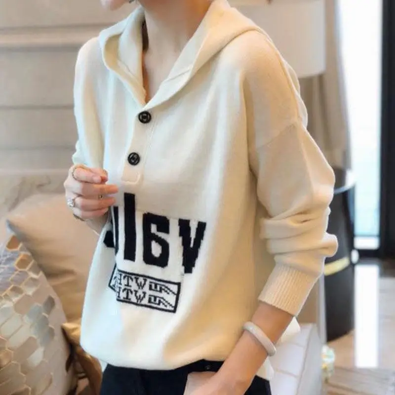 Casual Solid Color Letter Hooded Sweaters Autumn Winter Stylish Button Korean All-match Commute Female Clothing Knitted Jumpers