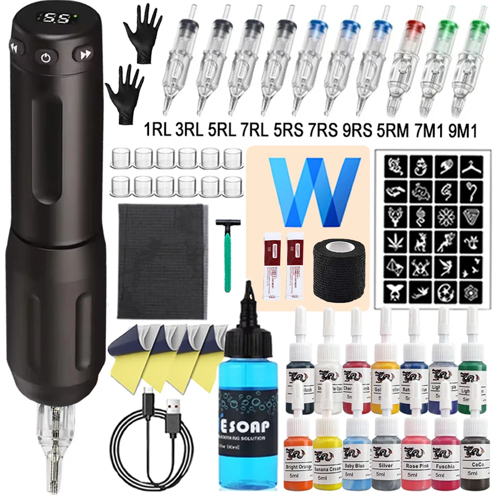 

Wireless Tattoo Machine Kit Rotary Tattoo Pen with 2000mah Power Cartridge Needles Ink Supply Set for Tattoo Makeup Beginner Kit