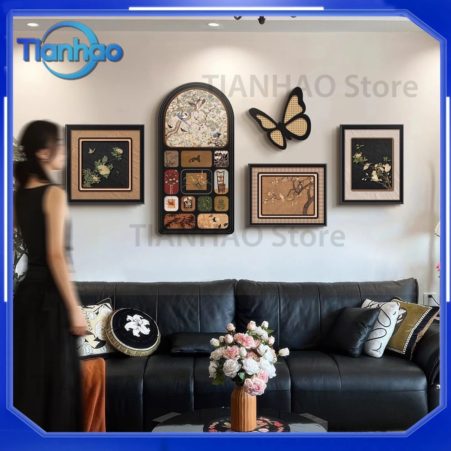 Vintage French Style Living Room Wall Art Set for Butterfly Motif Sofa Backdrop Decorative Canvas Painting Retro Art Mural